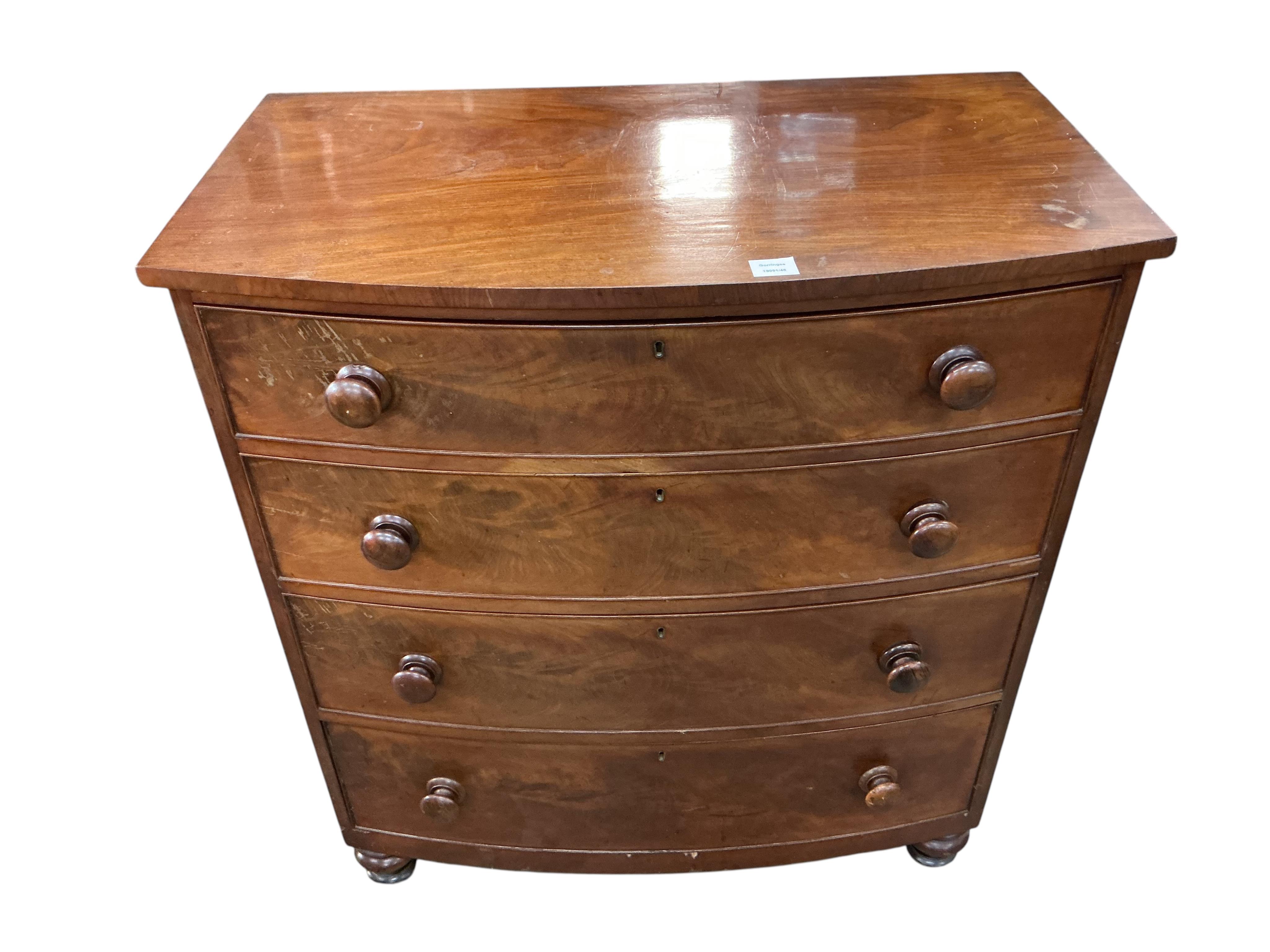 A Victorian mahogany bowfront chest of drawers, width 95cm, depth 54cm, height 105cm